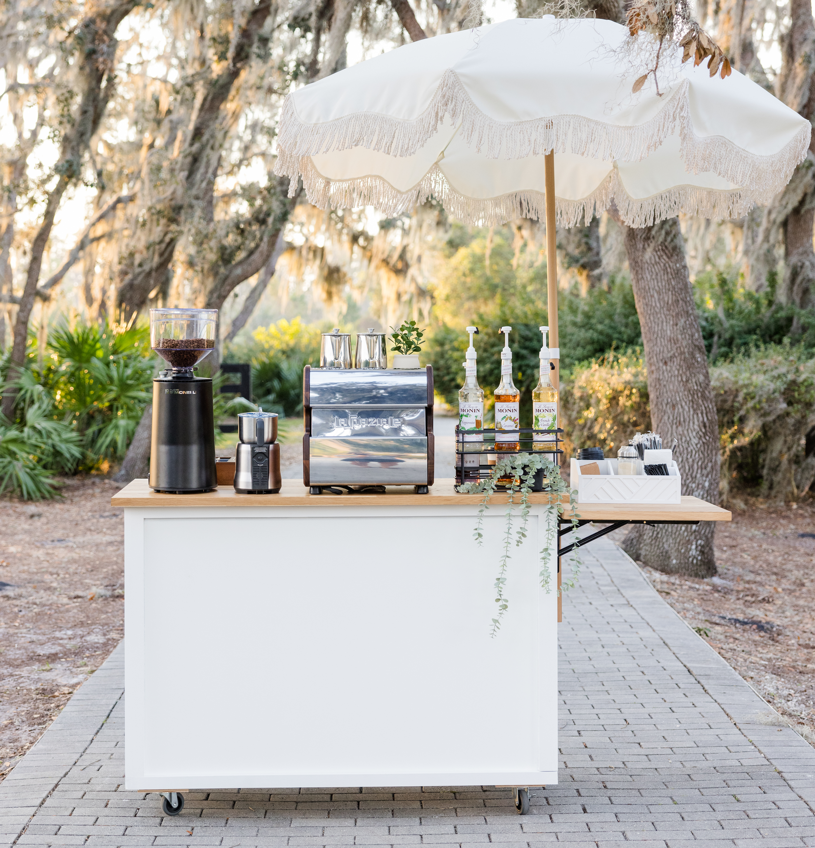 Delightful Bean Mobile Coffee Cart with premium espresso machine and elegant wood finishes in Davis Islands, FL